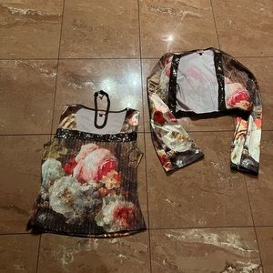 Cubism Brown floral sequined twin set, crop jacket sz medium- FREE  brown choker